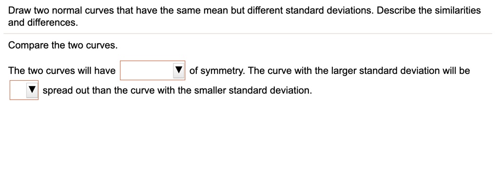 Draw two normal curves that have the same mean but different standard deviations. Describe the similarities and differences.
Compare the two curves.
The two curves will have of symmetry. The curve with the larger standard deviation will be spread out than the curve with the smaller standard deviation.