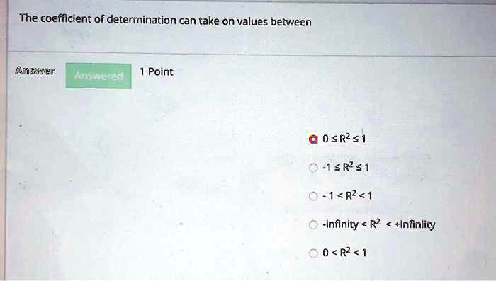 The coefficient of determination can take on values between

0 ? R² ? 1
-1 ? R² ? 1
- 1 < R² < 1
-infinity < R² < +infinity
0 < R² < 1