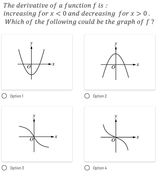 The derivative of a function f is : increasing for x 0. Which of the ...