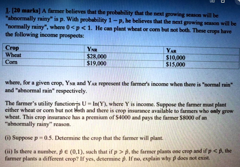 1. [20 marks] A farmer believes that the probability that the next growing season will be "abnormally rainy" is p. With probability 1 - p, he believes that the next growing season will be "normally rainy", where 0 < p < 1. He can plant wheat or corn but not both. These crops have the following income prospects:

Crop YNR YAR
Wheat 28,00010,000
Corn 19,00015,000

where, for a given crop, YNR and YAR represent the farmer's income when there is "normal rain" and "abnormal rain" respectively.

The farmer's utility function is U = ln(Y), where Y is income. Suppose the farmer must plant either wheat or corn but not both and there is crop insurance available to farmers who only grow wheat. This crop insurance has a premium of 4000 and pays the farmer8000 of an "abnormally rainy" reason.

(i) Suppose p = 0.5. Determine the crop that the farmer will plant.

(ii) Is there a number, ?p ? (0,1), such that if p > ?p, the farmer plants one crop and if p < ?p, the farmer plants a different crop? If yes, determine ?p. If no, explain why ?p does not exist.