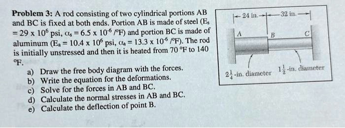 Problem 3: A rod consisting of two cylindrical portions AB and BC is fixed at both ends. Portion AB is made of steel (Es = 29 × 10^6 psi, = 6.5 × 10^-6/°F) and portion BC is made of aluminum (Ea = 10.4 × 10^6 psi, = 13.3 × 10^-6/°F). The rod is initially unstressed and then it is heated from 70 °F to 140 °F.
a) Draw the free body diagram with the forces.
b) Write the equation for the deformations.
c) Solve for the forces in AB and BC.
d) Calculate the normal stresses in AB and BC.
e) Calculate the deflection of point B.