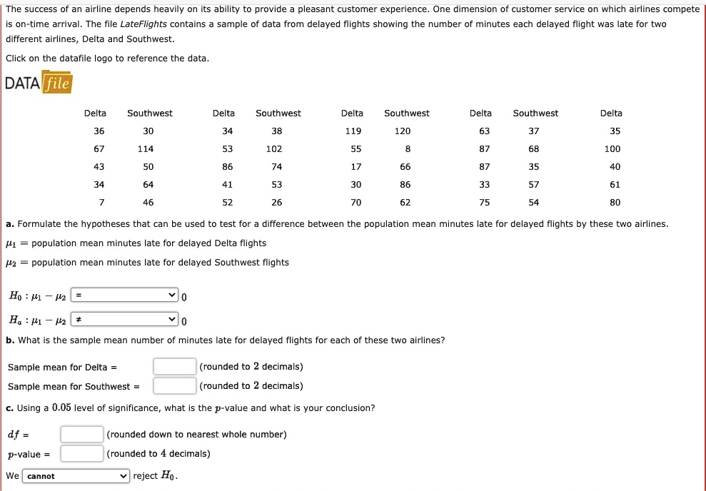 The success of an airline depends heavily on its ability to provide a pleasant customer experience. One dimension of customer service on which airlines compete
is on-time arrival. The file LateFlights contains a sample of data from delayed flights showing the number of minutes each delayed flight was late for two
different airlines, Delta and Southwest.
Click on the datafile logo to reference the data.
DATA file
Delta Southwest
Delta
Southwest
Delta
Southwest
Delta Southwest
Delta
36
30
34
38
119
120
63
37
35
67
114
53
102
55
8
87
68
100
43
50
86
74
17
66
87
35
40
34
64
41
53
30
86
33
57
61
7
46
52
26
70
62
75
54
80
a. Formulate the hypotheses that can be used to test for a difference between the population mean minutes late for delayed flights by these two airlines.
mu1 = population mean minutes late for delayed Delta flights
mu2 = population mean minutes late for delayed Southwest flights
H0: mu1 - mu2 = 0
Ha: mu1 - mu2 eq 0
b. What is the sample mean number of minutes late for delayed flights for each of these two airlines?
Sample mean for Delta =  (rounded to 2 decimals)
Sample mean for Southwest =  (rounded to 2 decimals)
c. Using a 0.05 level of significance, what is the p-value and what is your conclusion?
df =  (rounded down to nearest whole number)
p-value =  (rounded to 4 decimals)
We cannot reject H0.