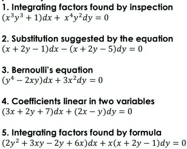 Solved 1 Integrating Factors Found By Inspection X3y3 1 Dx X 4y2dy 0 2 Substitution Suggested By The Equation X 2y 1 Dx X 2y S Dy