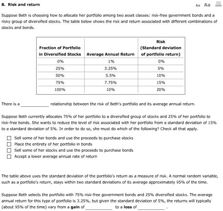 8. Risk and return Suppose Beth is choosing how to allocate her ...