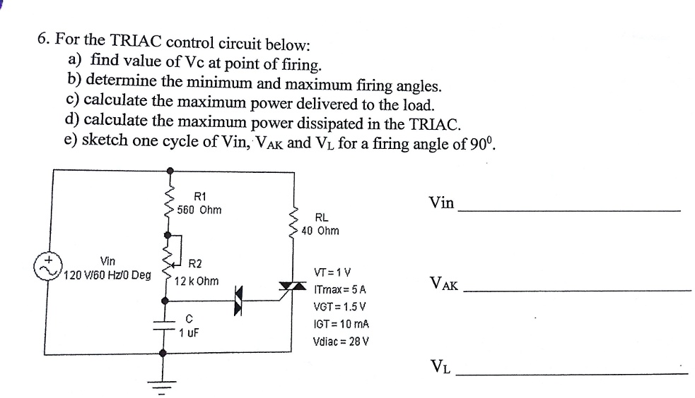 SOLVED 6. For the TRIAC control circuit below a) find the value of Vc