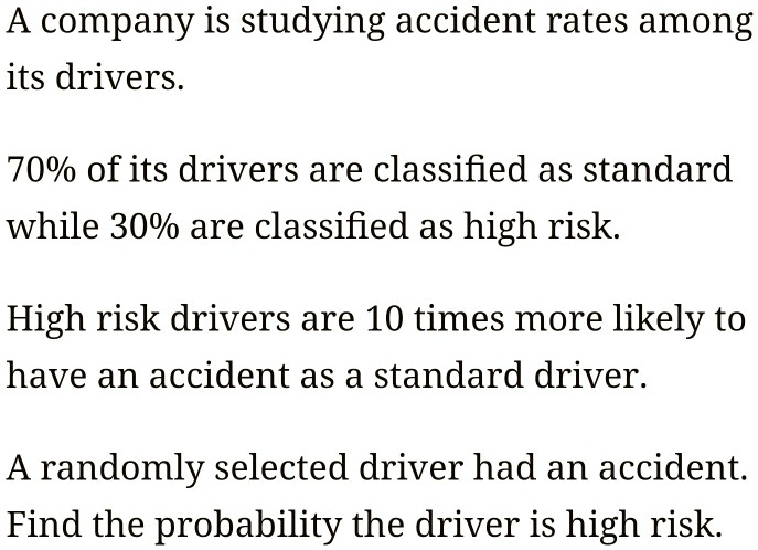 A company is studying accident rates among its drivers.

70% of its drivers are classified as standard
while 30% are classified as high risk.

High risk drivers are 10 times more likely to
have an accident as a standard driver.

A randomly selected driver had an accident.
Find the probability the driver is high risk.