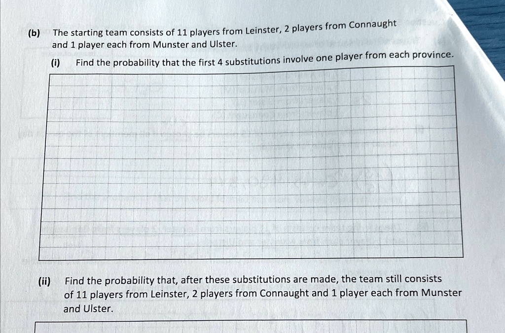 (b)
The starting team consists of 11 players from Leinster, 2 players from Connaught
and 1 player each from Munster and Ulster.
(i)
Find the probability that the first 4 substitutions involve one player from each province.
(ii)
Find the probability that, after these substitutions are made, the team still consists
of 11 players from Leinster, 2 players from Connaught and 1 player each from Munster
and Ulster.