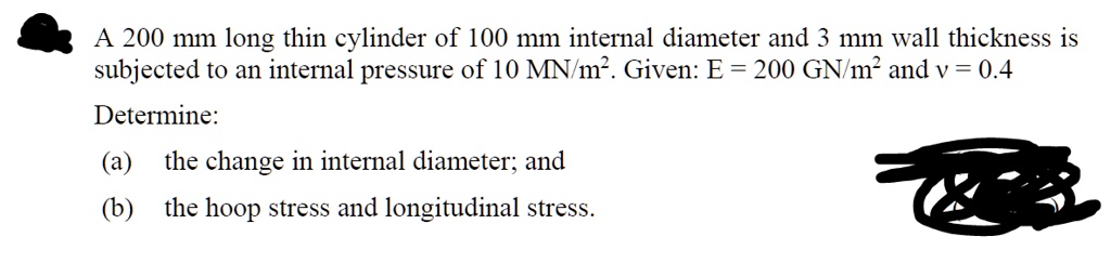 A 200 mm long thin cylinder of 100 mm internal diameter and 3 mm wall ...