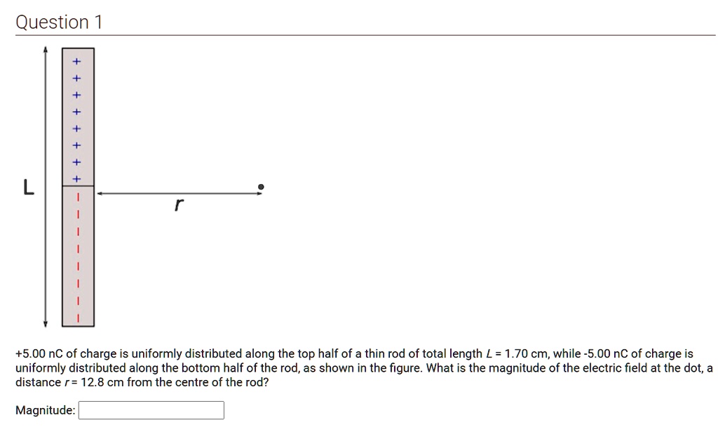 +5.00 nC of charge is uniformly distributed along the top half of a thin rod of total length L = 1.70 cm, while -5.00 nC of charge is uniformly distributed along the bottom half of the rod, as shown in the figure. What is the magnitude of the electric field at the dot, a distance r = 12.8 cm from the centre of the rod?
Magnitude:
