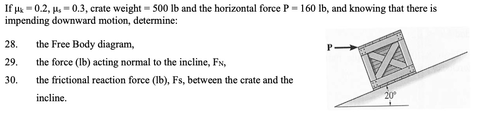 If = 0.2, = 0.3, crate weight = 500 lb and the horizontal force P = 160 lb, and knowing that there is impending downward motion, determine:
28. the Free Body diagram,
29. the force (lb) acting normal to the incline, FN,
30. the frictional reaction force (lb), Fs, between the crate and the incline.