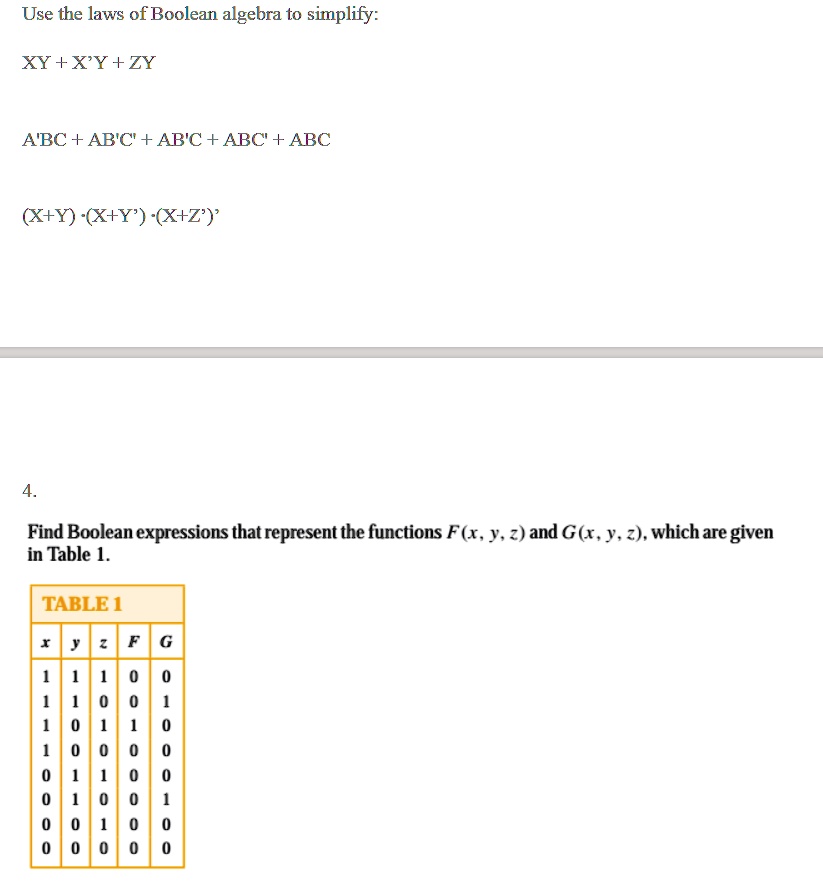 SOLVED: Use the laws of Boolean algebra to simplify: XY + XY +ZY ABC ...