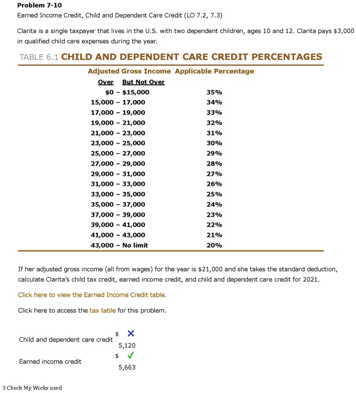 problem 7 10 earned credit child and dependent care credit lo 72
