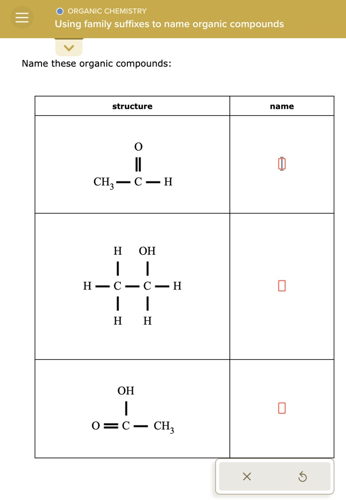 SOLVED: Texts: ORGANIC CHEMISTRY: Using functional group suffixes to ...