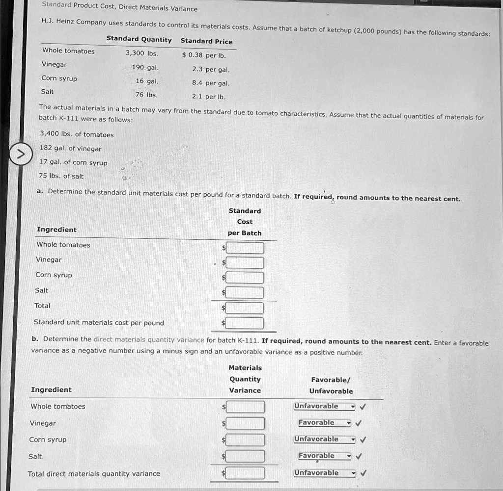 SOLVED Standard Product Cost, Direct Materials Variance H.J. Heinz