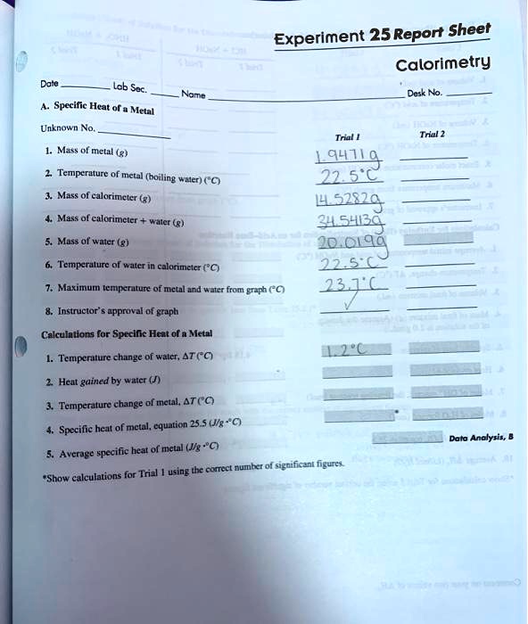 Experiment 25 Report Sheet Calorimetry Desk No.Datele… SolvedLib