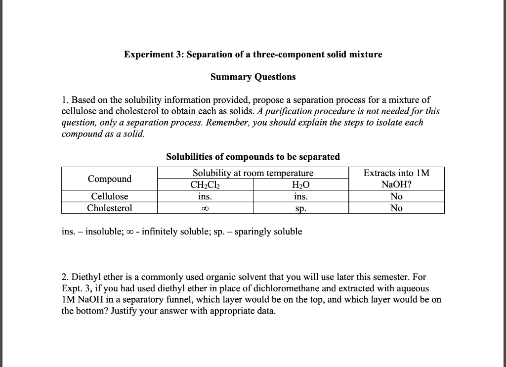experiment 3 separation of a three component solid mixture summary ...