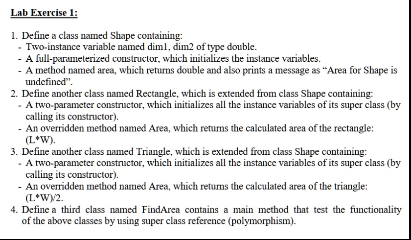 SOLVED: Texts: Lab Exercise 1: 1. Define a class named Shape containing ...