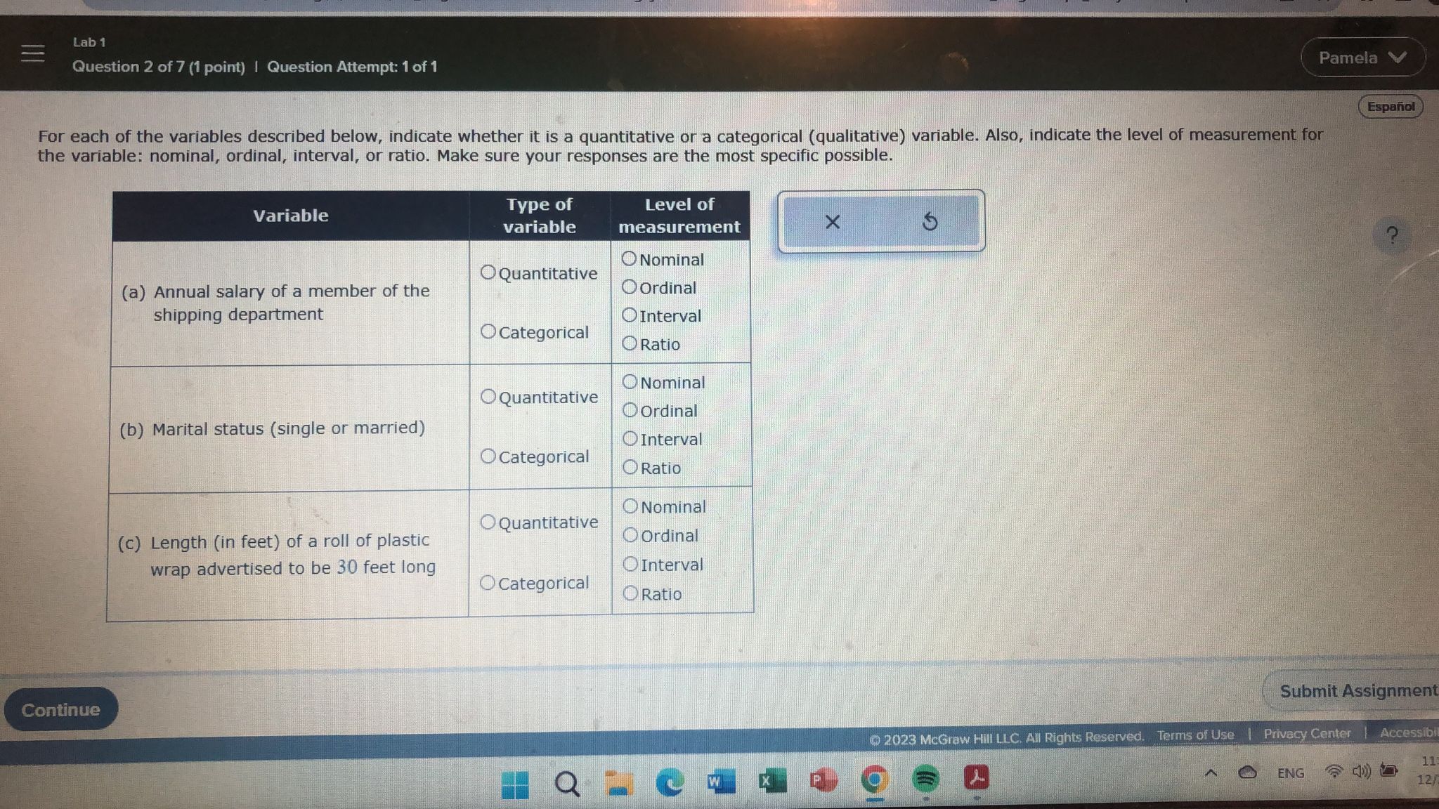 SOLVED Lab 1 Pamela the variable nominal, ordinal, interval, or ratio