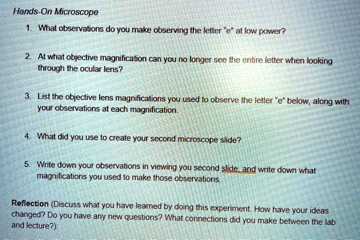 Hands-On Microscope
1. What observations do you make observing the letter "e" at low power?
2. At what objective magnification can you no longer see the entire letter when looking through the ocular lens?
3. List the objective lens magnifications you used to observe the letter "e" below, along with your observations at each magnification.
4. What did you use to create your second microscope slide?
5. Write down your observations in viewing you second slide, and write down what magnifications you used to make those observations.
Reflection (Discuss what you have learned by doing this experiment. How have your ideas changed? Do you have any new questions? What connections did you make between the lab and lecture?):