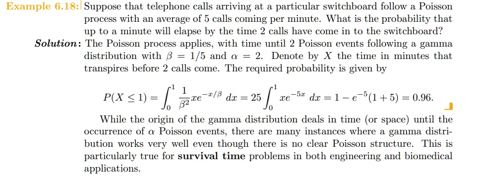 Example 6.18: Suppose that telephone calls arriving at a particular switchboard follow a Poisson process with an average of 5 calls coming per minute. What is the probability that up to a minute will elapse by the time 2 calls have come in to the switchboard? 
Solution: The Poisson process applies, with time until 2 Poisson events following a gamma distribution with ? = 1/5 and ? = 2. Denote by X the time in minutes that transpires before 2 calls come. The required probability is given by
P(X ? 1) = ?0^1 (1/?²)xe^(-x/?) dx = 25 ?0^1 xe^(-5x) dx = 1 - e^-5(1 + 5) = 0.96.
While the origin of the gamma distribution deals in time (or space) until the occurrence of ? Poisson events, there are many instances where a gamma distribution works very well even though there is no clear Poisson structure. This is particularly true for survival time problems in both engineering and biomedical applications.