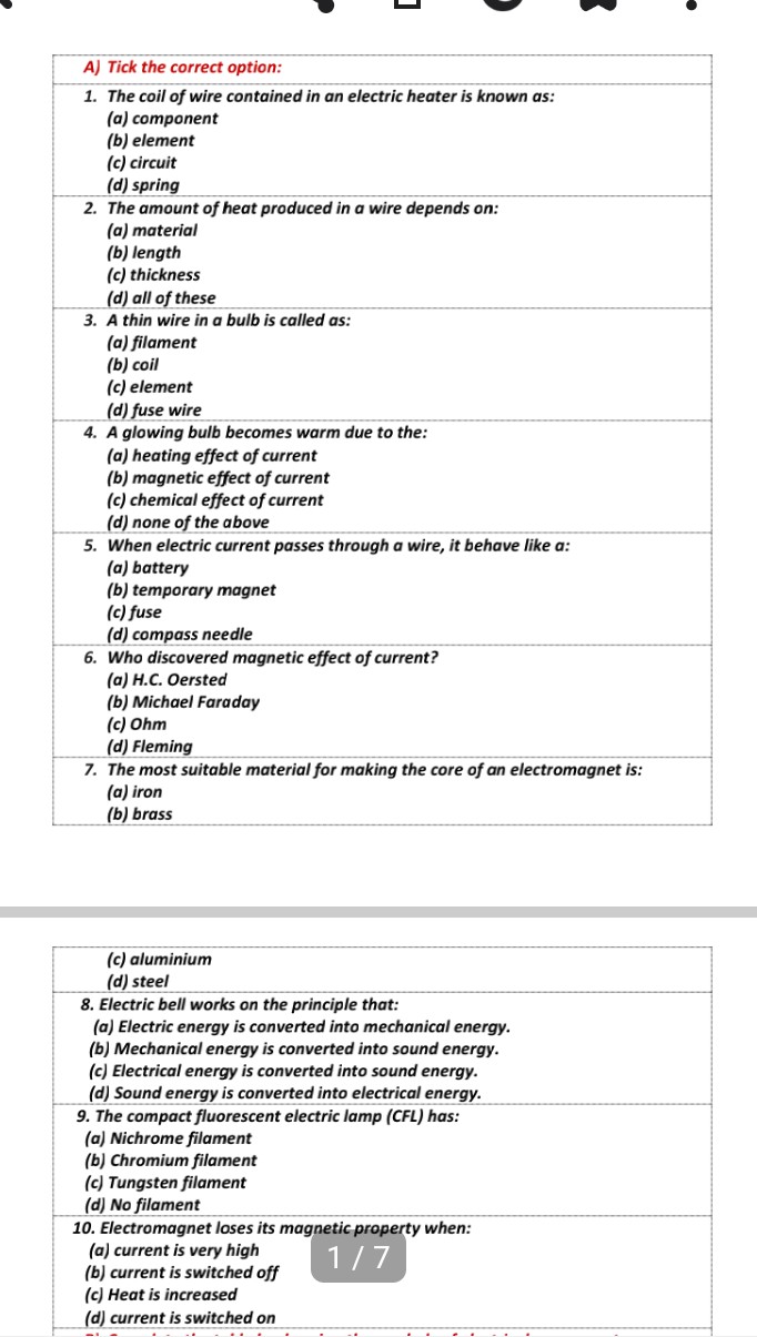 SOLVED A) Tick the correct option 1. The coil of wire contained in an
