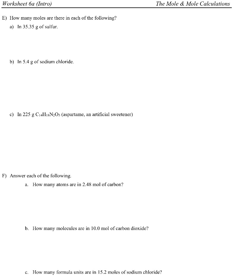 Moles To Molecules Conversion Worksheet With A Key
