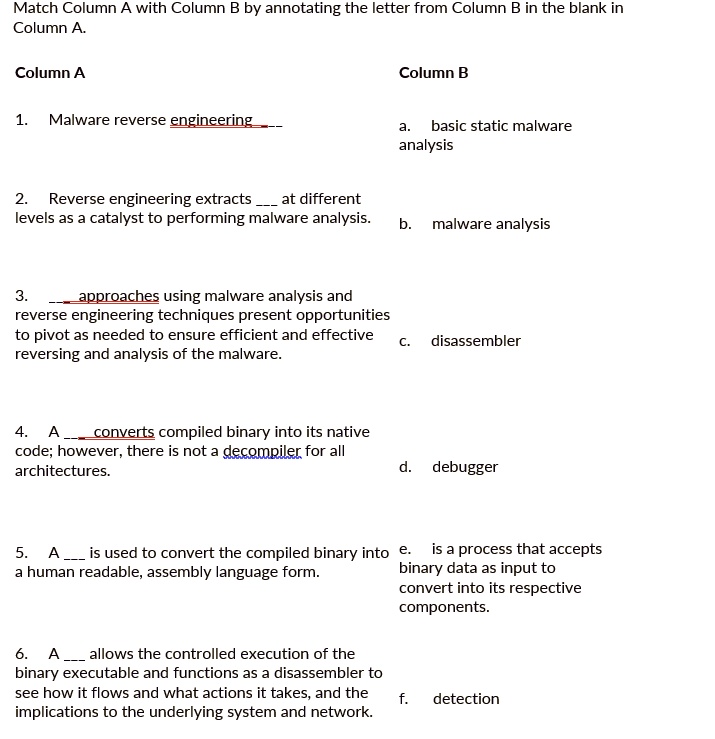 SOLVED: Column A Column B 1. Malware Reverse Engineering A. Basic ...