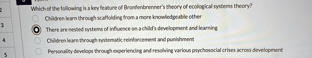 Which of the following is a key feature of Bronfenbrenner's theory of ecological systems theory?
Children learn through scaffolding from a more knowledgeable other
There are nested systems of influence on a child's development and learning
Children learn through systematic reinforcement and punishment
Personality develops through experiencing and resolving various psychosocial crises across development