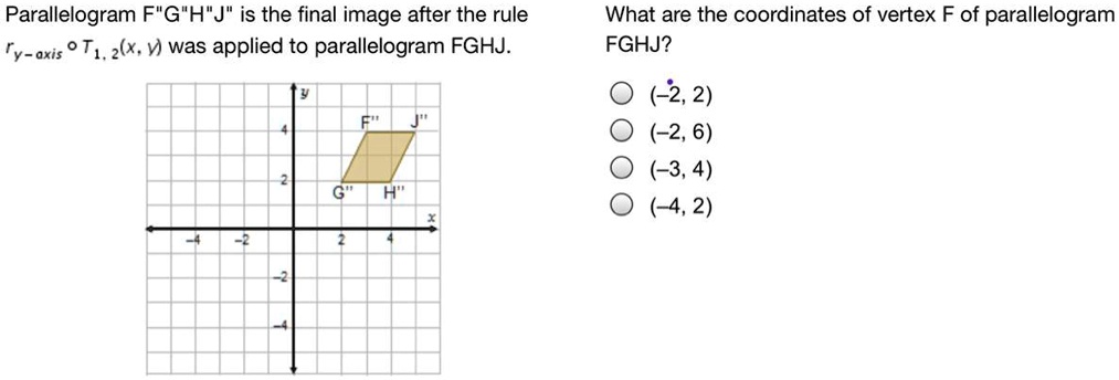 Parallelogram F"G"H"J" is the final image after the rule ry-axis circ T1, 2(x, y) was applied to parallelogram FGHJ.
What are the coordinates of vertex F of parallelogram FGHJ?
(-2, 2)
(-2, 6)
(-3, 4)
(-4, 2)