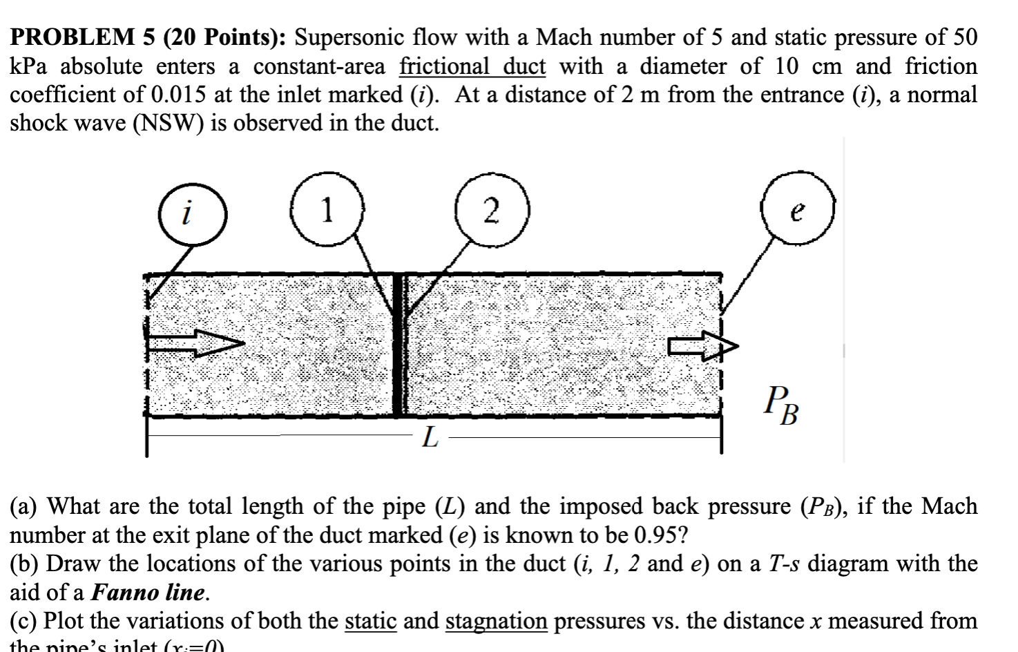 PROBLEM 5 (20 Points): Supersonic flow with a Mach number of 5 and static pressure of 50 kPa absolute enters a constant-area frictional duct with a diameter of 10  cm and friction coefficient of 0.015 at the inlet marked ( i). At a distance of 2  m from the entrance (i), a normal shock wave (NSW) is observed in the duct.
(a) What are the total length of the pipe (L) and the imposed back pressure (PB), if the Mach number at the exit plane of the duct marked (e) is known to be 0.95 ?
(b) Draw the locations of the various points in the duct (i, 1,2 and e ) on a T-s diagram with the aid of a Fanno line.
(c) Plot the variations of both the static and stagnation pressures vs. the distance x measured from