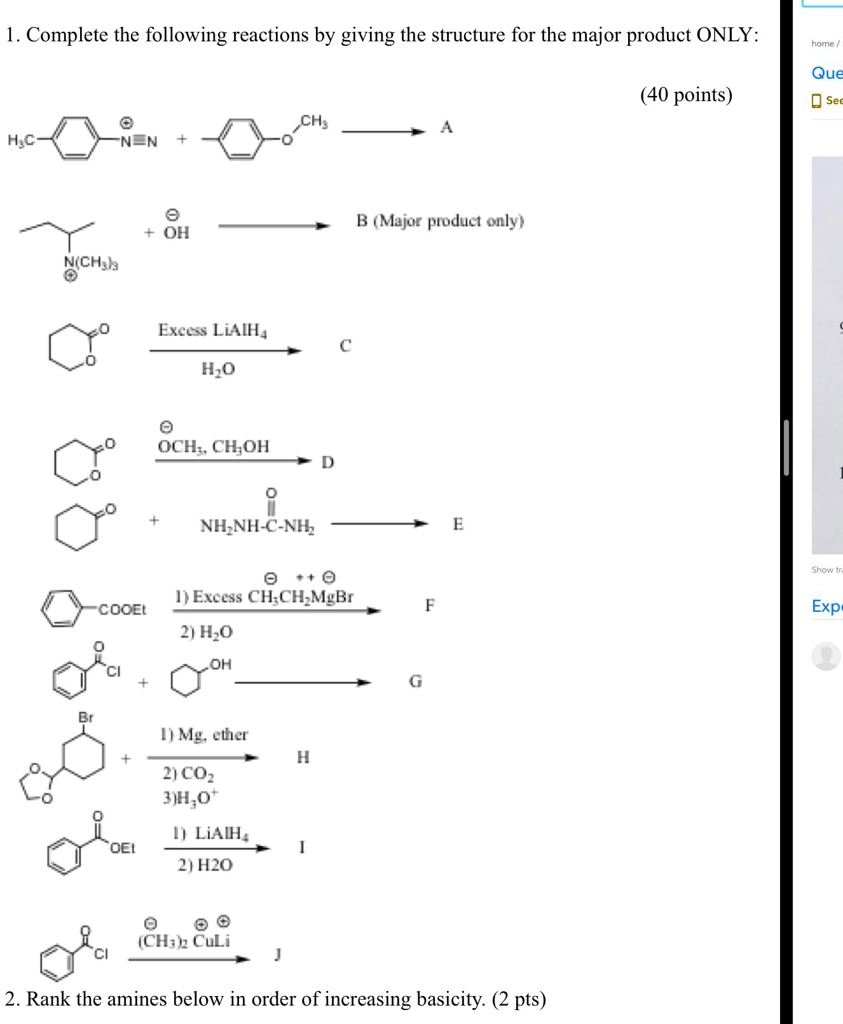 SOLVED Complete the following reactions by giving the structure for