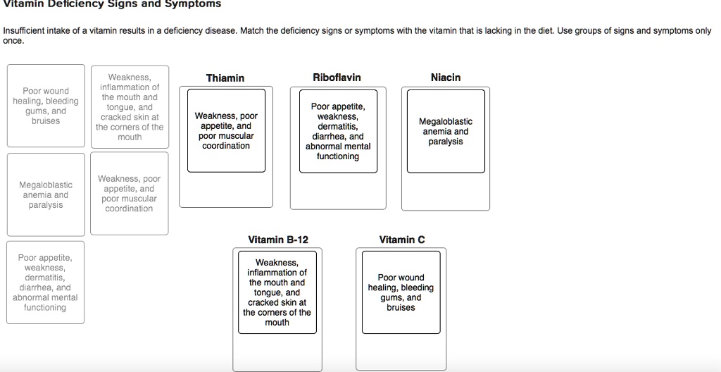 Vitamin Deficiency Signs and Symptoms
Insufficient intake of a vitamin results in a deficiency disease. Match the deficiency signs or symptoms with the vitamin that is lacking in the diet. Use groups of signs and symptoms only once.

Poor wound healing, bleeding gums, and bruises
Weakness, inflammation of the mouth and tongue, and cracked skin at the corners of the mouth

Thiamin
Weakness, poor appetite, and poor muscular coordination

Riboflavin
Poor appetite, weakness, dermatitis, diarrhea, and abnormal mental functioning

Niacin
Megaloblastic anemia and paralysis

Vitamin B-12
Weakness, inflammation of the mouth and tongue, and cracked skin at the corners of the mouth

Vitamin C
Poor wound healing, bleeding gums, and bruises