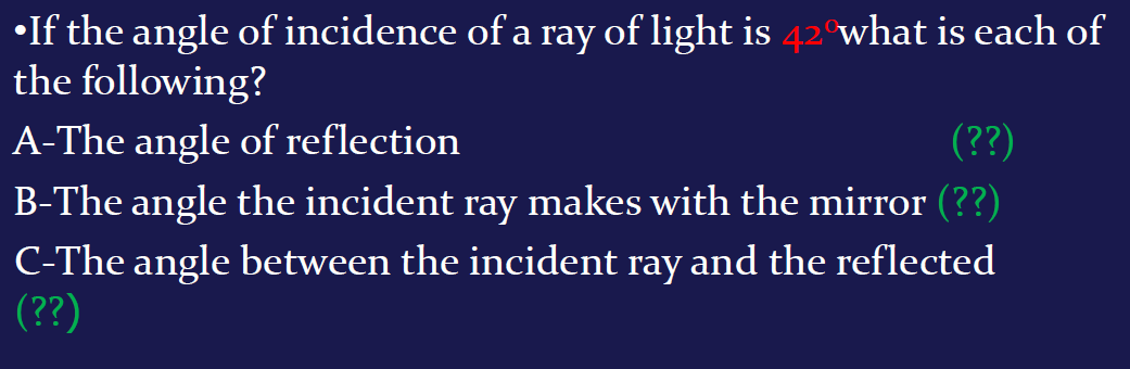 •If the angle of incidence of a ray of light is 42º what is each of the following?
A-The angle of reflection (??)
B-The angle the incident ray makes with the mirror (??)
C-The angle between the incident ray and the reflected (??)