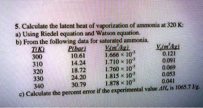 5 calculate the latent heat of vaporization of ammonia at 320 k a using riedel equation and watson equation 6 from the following data for saturated ammonia tk ebanl vlkl vlukgl 300 1061 666  62806