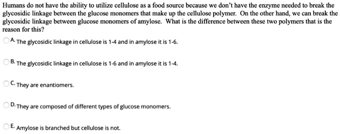 Humans do not have the ability to utilize cellulose as a food source because we don't have the enzyme needed to break the
glycosidic linkage between the glucose monomers that make up the cellulose polymer. On the other hand, we can break the
glycosidic linkage between glucose monomers of amylose. What is the difference between these two polymers that is the
reason for this?
A. The glycosidic linkage in cellulose is 1-4 and in amylose it is 1-6.
B. The glycosidic linkage in cellulose is 1-6 and in amylose it is 1-4.
C. They are enantiomers.
D. They are composed of different types of glucose monomers.
E. Amylose is branched but cellulose is not.