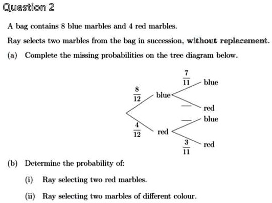 A bag contains 8 blue marbles and 4 red marbles.
Ray selects two marbles from the bag in succession, without replacement.
(a) Complete the missing probabilities on the tree diagram below.
8/12 blue
7/11 blue
— red
— blue
4/12 red
3/11 red
(b) Determine the probability of:
(i) Ray selecting two red marbles.
(ii) Ray selecting two marbles of different colour.