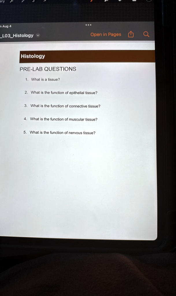histology pre lab questions 1 what is a tissue 2 what is the function ...