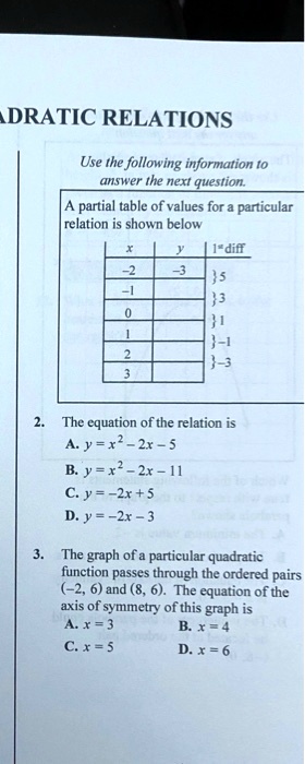 Solved Dratic Relations Use The Following Information T0 Ouswer The Next Question Partial Table Of Values For Particular Relation Is Shown Below 1 Diff The Equation Of The Relation Y X 2x B Y X