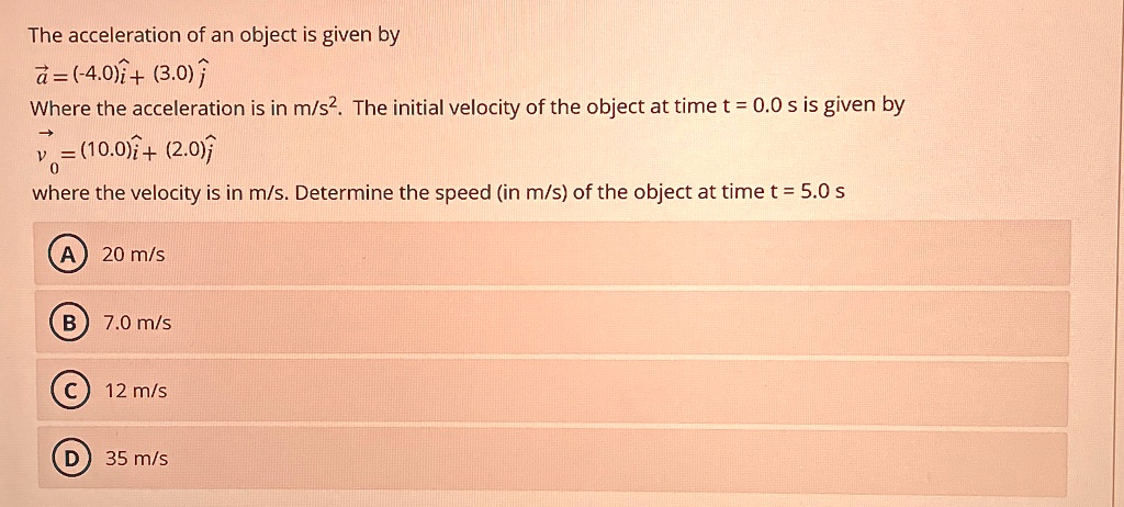 The acceleration of an object is given by a⃗ = (-4.0)î + (3.0)ĵ Where ...