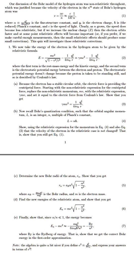 SOLVED: Our discussion ofthe Bohr model of the hydrogen atom non ...