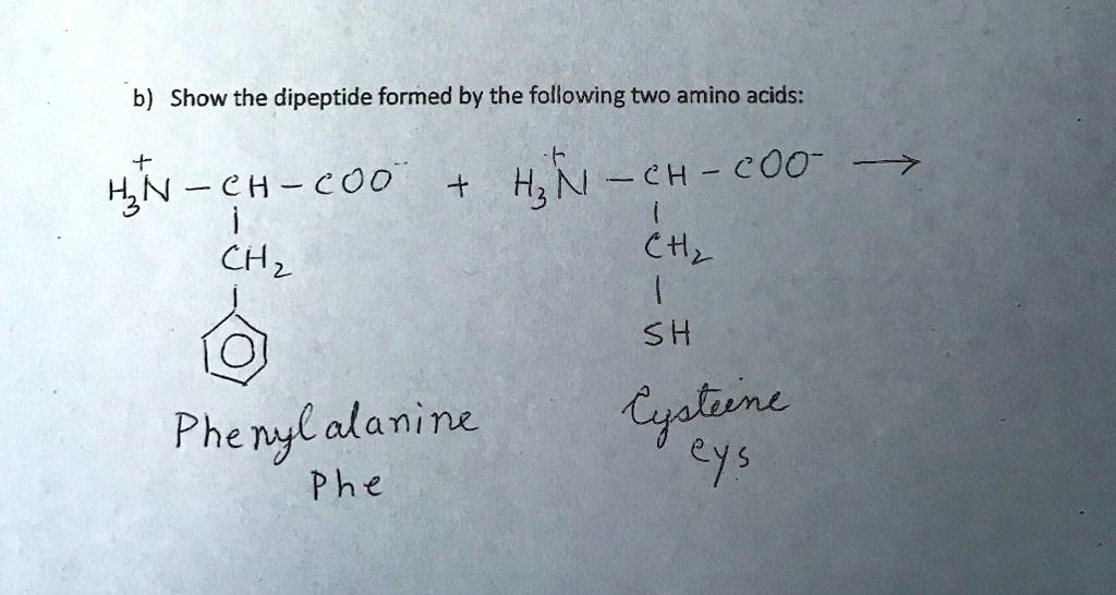 b) Show the dipeptide formed by the following two amino acids:
H3N+ - CH - COO- + H3N+ - CH - COO- ->
| | 
CH2 CH2
| |
C6H5 SH
Phenylalanine Cysteine
Phe cys