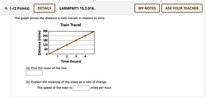 4. [-/2 Points]
DETAILS
LARMPMT1 15.2.016.
The graph shows the distance a train travels in relation to time.
Train Travel
Distance (miles)
300
240
180
120
60
0
1
2
3
4
Time (hours)
(a) Find the slope of the line.
(b) Explain the meaning of the slope as a rate of change.
The speed of the train is
miles per hour.