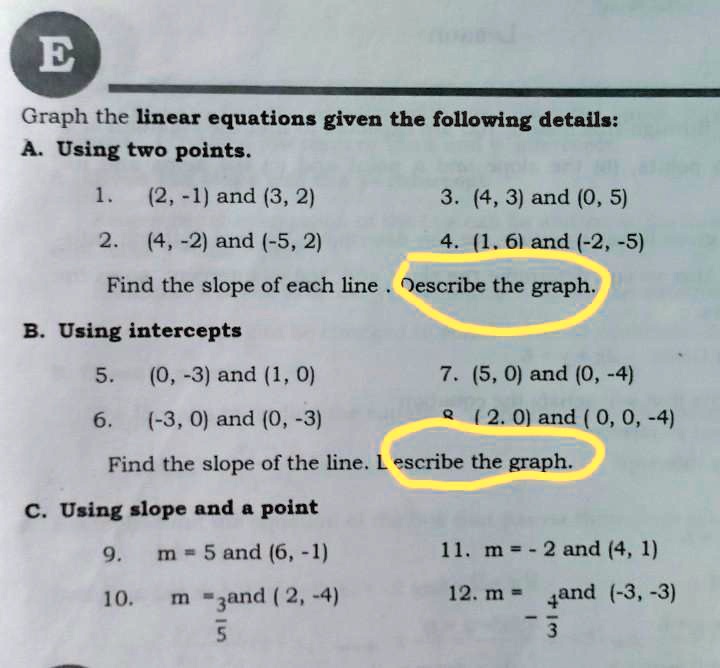 SOLVED Graph the linear equations given the following details A. Using two points. 1. (2, 1