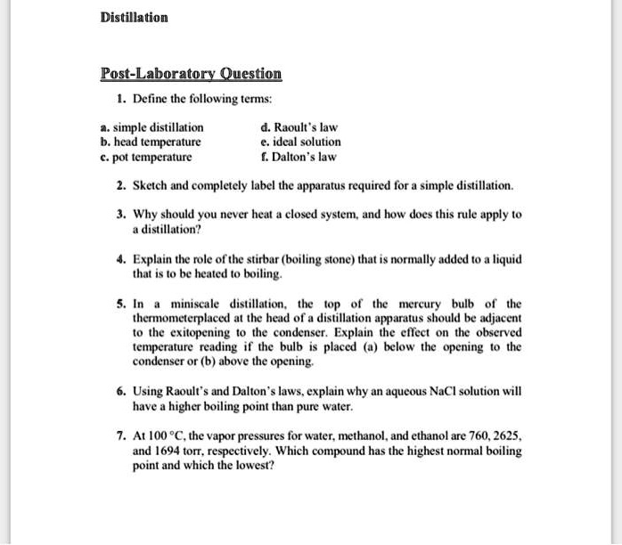 SOLVED Distillation PostLaboratory Question Define the following