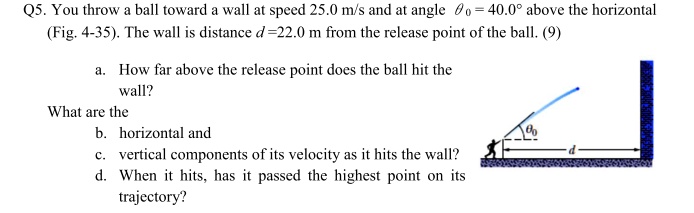 Q5. You throw a ball toward a wall at speed 25.0 m/s and at angle ?? = 40.0° above the horizontal (Fig. 4-35). The wall is distance d=22.0 m from the release point of the ball. (9)

a. How far above the release point does the ball hit the wall?
What are the
b. horizontal and
c. vertical components of its velocity as it hits the wall?
d. When it hits, has it passed the highest point on its trajectory?