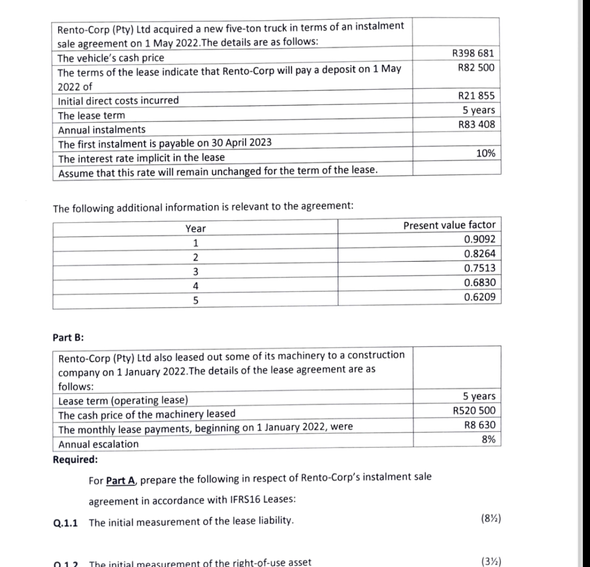 Rento-Corp (Pty) Ltd acquired a new five-ton truck in terms of an instalment sale agreement on 1 May 2022.The details are as follows:
The vehicle's cash price R398 681
The terms of the lease indicate that Rento-Corp will pay a deposit on 1 May 2022 of R82 500
Initial direct costs incurred R21 855
The lease term 5 years
Annual instalments R83 408
The first instalment is payable on 30 April 2023
The interest rate implicit in the lease 10%
Assume that this rate will remain unchanged for the term of the lease.

The following additional information is relevant to the agreement:
Year Present value factor
1 0.9092
2 0.8264
3 0.7513
4 0.6830
5 0.6209

Part B:
Rento-Corp (Pty) Ltd also leased out some of its machinery to a construction company on 1 January 2022.The details of the lease agreement are as follows:
Lease term (operating lease) 5 years
The cash price of the machinery leased R520 500
The monthly lease payments, beginning on 1 January 2022, were R8 630
Annual escalation 8%

Required:
For Part A, prepare the following in respect of Rento-Corp's instalment sale agreement in accordance with IFRS16 Leases:
Q.1.1 The initial measurement of the lease liability. (8 1/2)