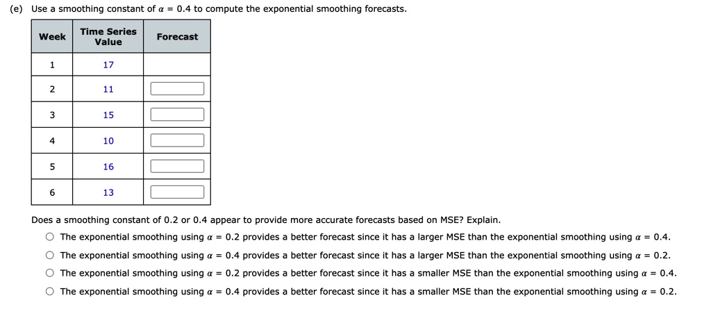 (e) Use a smoothing constant of ? = 0.4 to compute the exponential smoothing forecasts.

Week    Time Series Value    Forecast
1      17
2      11
3      15
4      10
5      16
6      13

Does a smoothing constant of 0.2 or 0.4 appear to provide more accurate forecasts based on MSE? Explain.
? The exponential smoothing using ? = 0.2 provides a better forecast since it has a larger MSE than the exponential smoothing using ? = 0.4.
? The exponential smoothing using ? = 0.4 provides a better forecast since it has a larger MSE than the exponential smoothing using ? = 0.2.
? The exponential smoothing using ? = 0.2 provides a better forecast since it has a smaller MSE than the exponential smoothing using ? = 0.4.
? The exponential smoothing using ? = 0.4 provides a better forecast since it has a smaller MSE than the exponential smoothing using ? = 0.2.