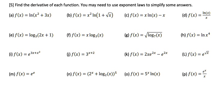 Solved S Find The Derivative Of Each Function You May Need To Use Exponent Laws To Simplify Some Answers A F X In X 3x B F Xr X In 1 Vz C F X