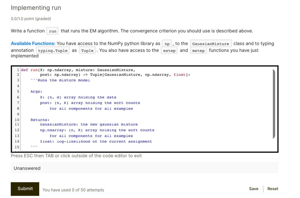 Implementing run 0.0/1.0 point (graded) Write a function `run` that ...
