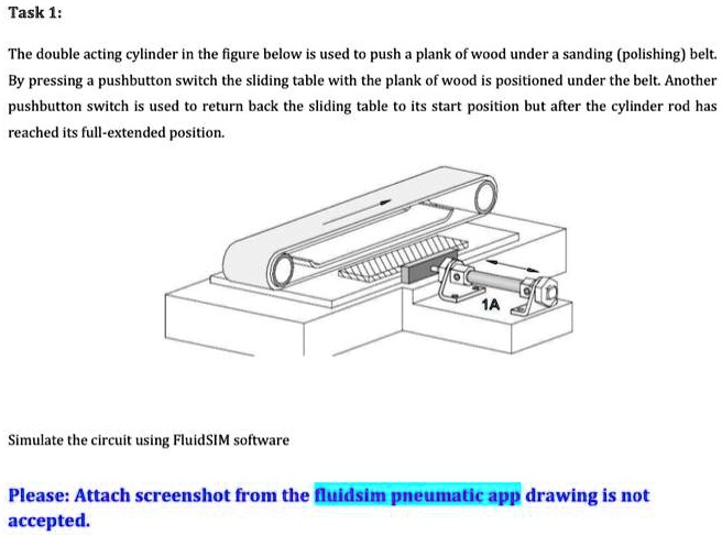 The double acting cylinder in the figure below is used to push a plank of wood under a sanding (polishing) belt.
By pressing a pushbutton switch the sliding table with the plank of wood is positioned under the belt. Another
pushbutton switch is used to return back the sliding table to its start position but after the cylinder rod has
reached its full-extended position.
Simulate the circuit using FluidSIM software
Please: Attach screenshot from the fluidsim pneumatic app drawing is not
accepted.